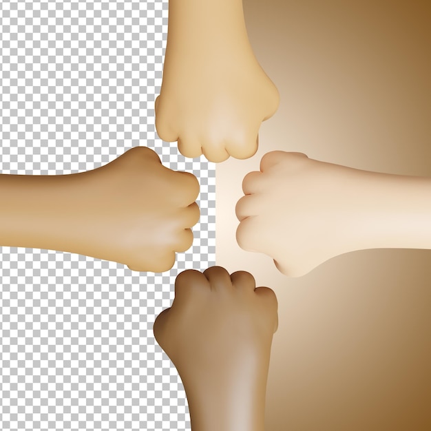 3D vier Hände mit verschiedenen Hauttönen transparenter Hintergrund