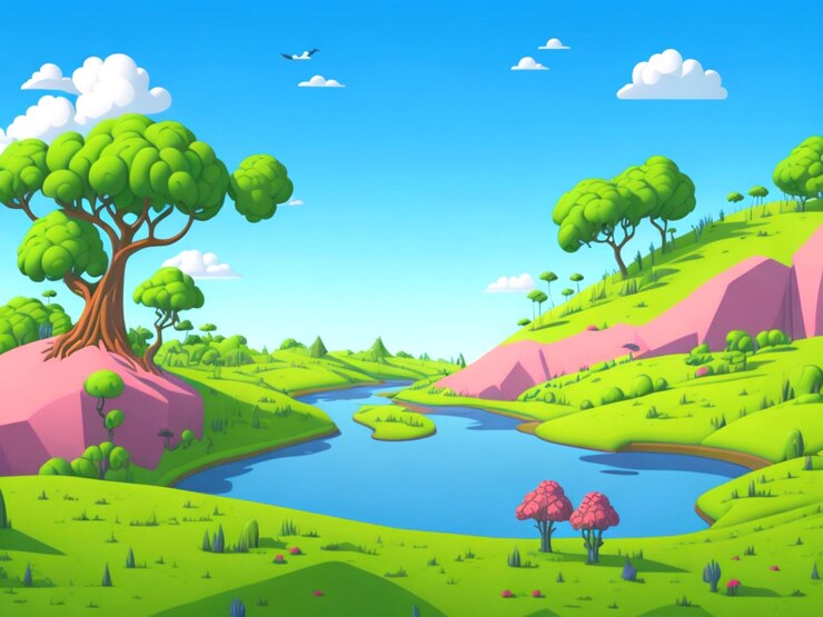 PSD 3d village hills mignons animaux de dessin animé sur la plage marvel s'amusant image fond 4k hd photo