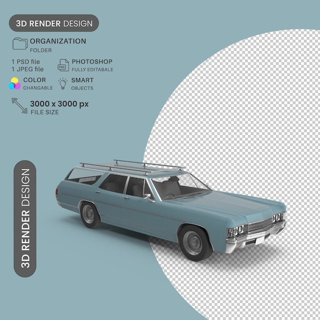 PSD 3d vintage station wagon carro de ângulo direito