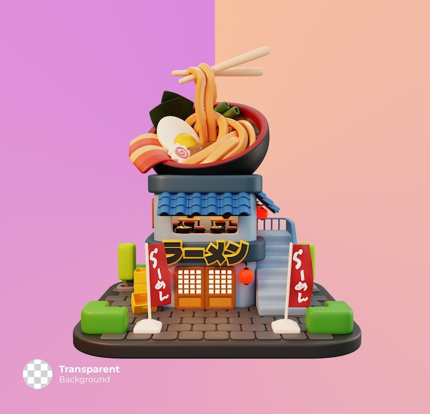 PSD 3d vista frontal del pequeño icono de la tienda del restaurante de fideos ramen aislado. edificio de tienda lindo mínimo