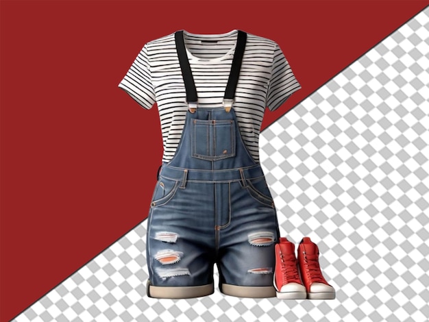 PSD 3d von women39s jeans overalls mit t-shirt und schuhen auf durchsichtigem hintergrund