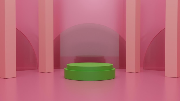 3D vykreslení zeleného pódia na růžovém pozadí