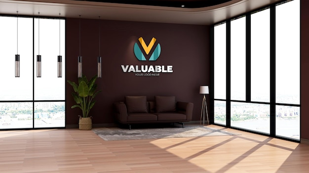 3d-wand-logo-mockup in der bürolobby oder im wartezimmer der lounge