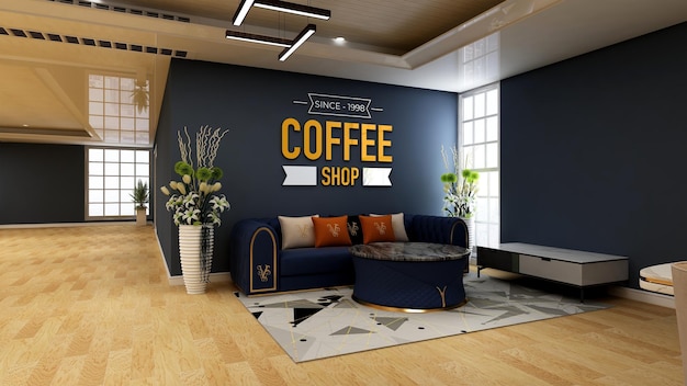 3d-wandlogo-modell im café mit sofa