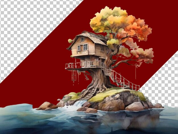 PSD 3d-wasserfarbenlandschaft mit einem alten baum und einem baumhaus.