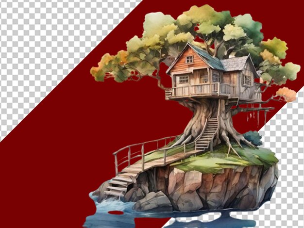 PSD 3d-wasserfarbenlandschaft mit einem alten baum und einem baumhaus.