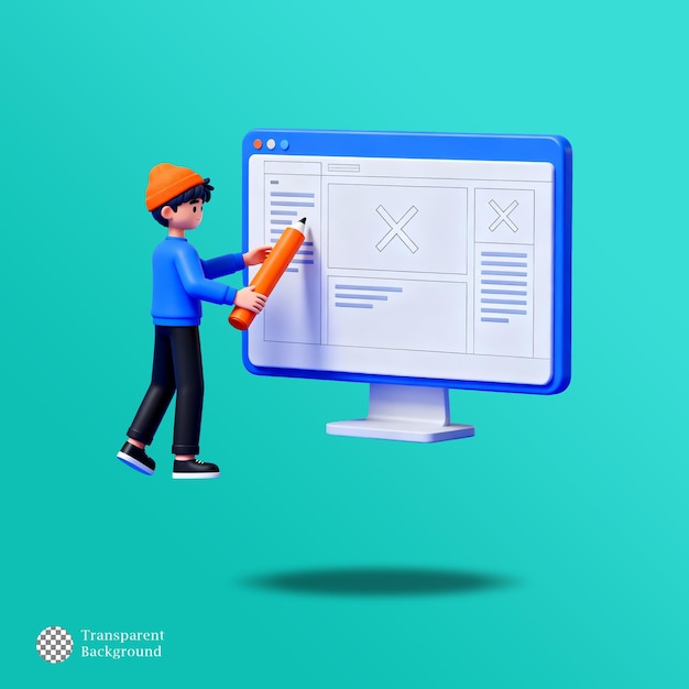 3D web designer creating wireframe layout user interface prototyping website development