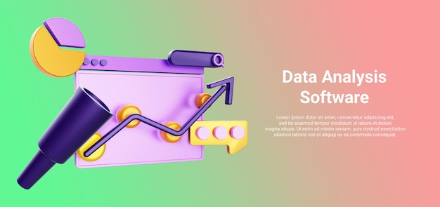 3D-Web-Illustration mit Datendiagrammanalyse-Chat-Fernglas-Pfeil für Geschäftsillustration isoliert