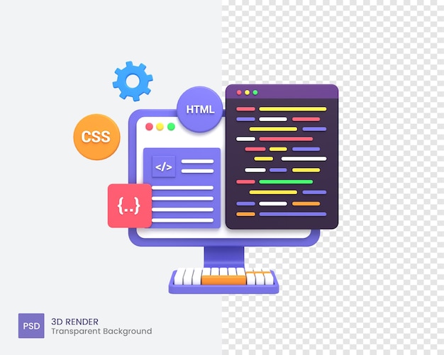 PSD 3d-webentwicklung oder softwareentwicklung oder webdesign-kodierung und -programmierung