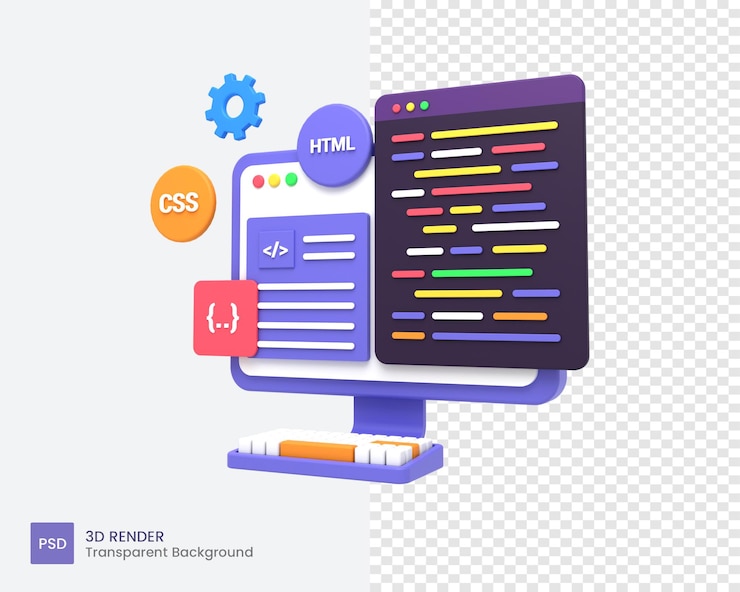 PSD 3d-webentwicklung oder softwareentwicklung oder webdesign-kodierung und -programmierung
