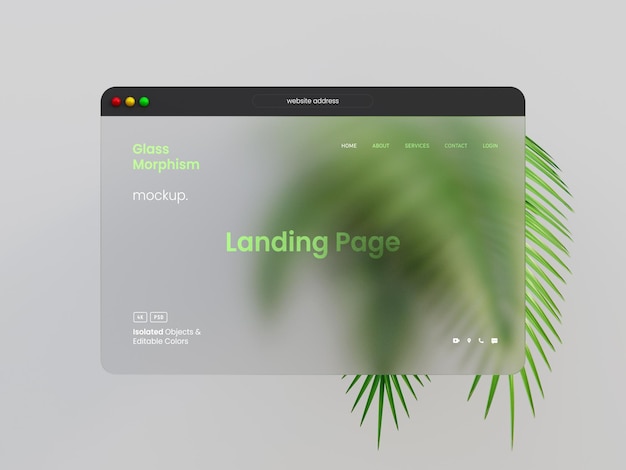 PSD 3d-webinterface-präsentationsmodell mit glasmorphismuseffekten und palmblättern