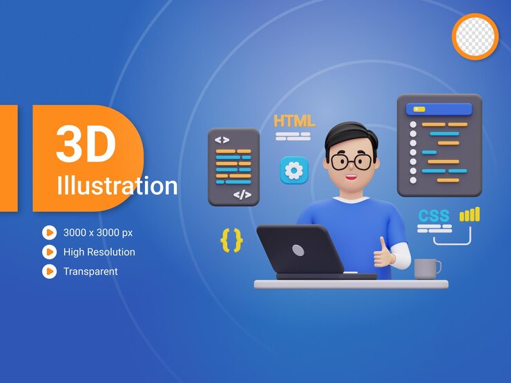 PSD 3d website developer working on laptop illustration