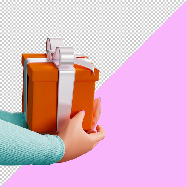 3D weibliche Cartoon-Hände, die eine Geschenkbox halten Orange Geschenkbox in weiblichen Händen