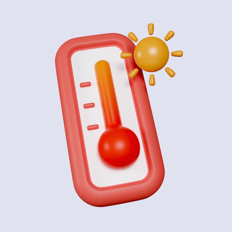 PSD 3d-wetterthermometer mit einem hochtemperatur-symbol, das auf grauem hintergrund isoliert ist. 3d-rendering-illustration