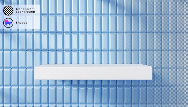 3d white shelf on blue wall with vertical rectangle tile pattern render Bathroom or kitchen interior product podium display Mosaic texture pool background with empty pedestal mockup