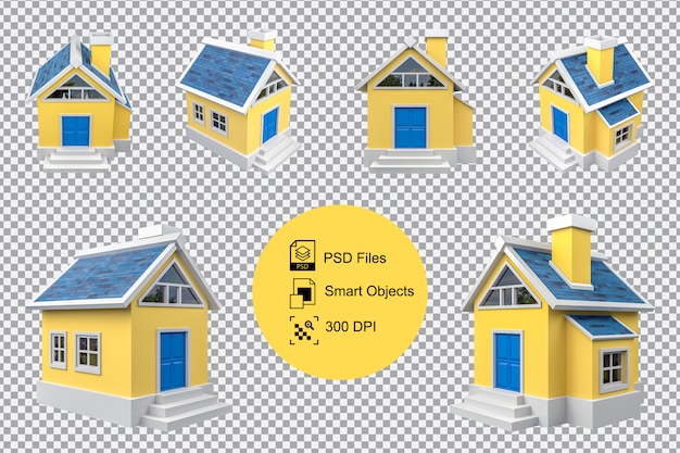 3D-Wiedergabe der gelben kleinen Cartoon-Haus-Sammlung