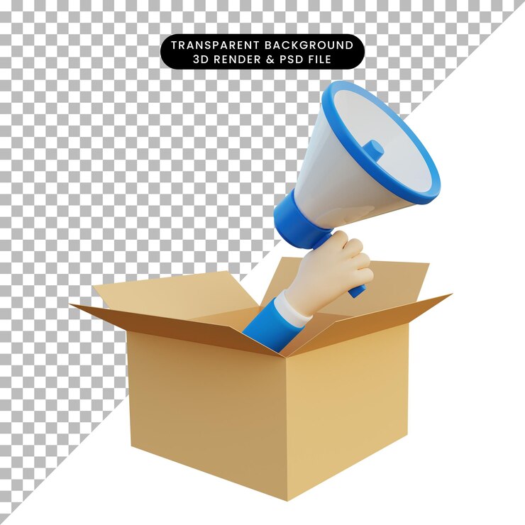 PSD 3d-wiedergabe einer hand mit einem megaphon aus einem karton