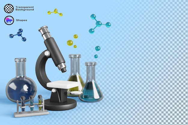 3D-wissenschaftliches Forschungsbanner mit Mikroskopglasflaschen und Bechern auf blauem Hintergrund Rendering chemischer Laborgeräte Probenröhrenregal mit farbigen Flüssigkeitsblasen Moleküle