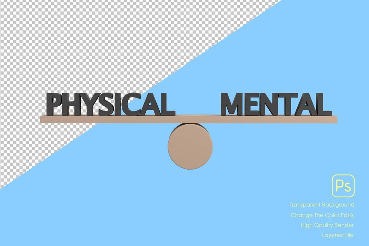 PSD 3d words physical and mental on wooden seesaw balancing on white backgroundxa