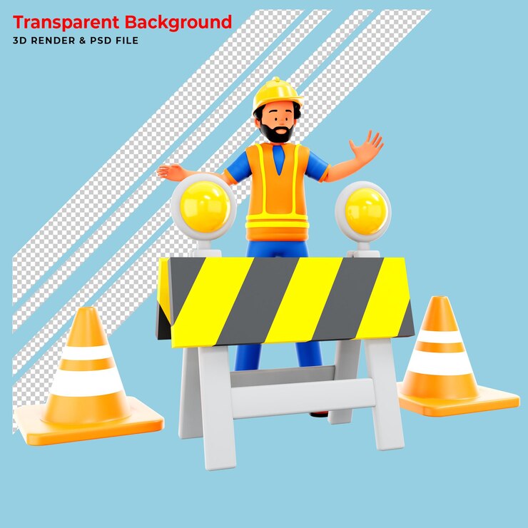 PSD 3d worker and under construction sign 3d rendering isolated