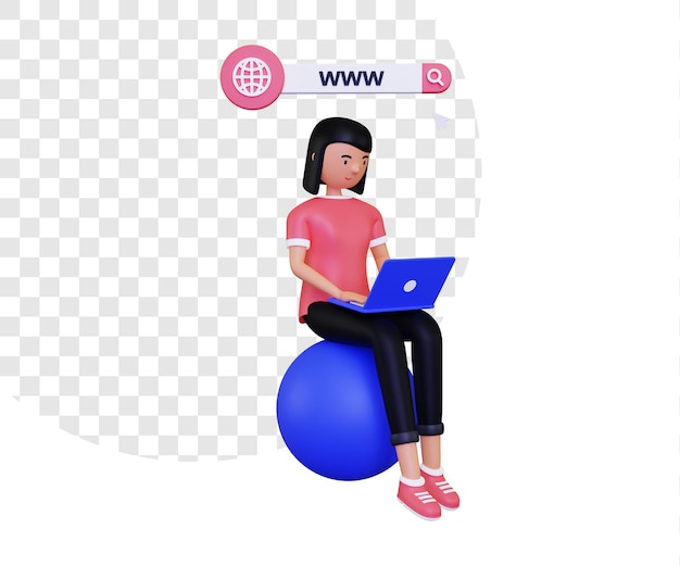 3D World Wide Web ou www com uma mulher sentada em um balão