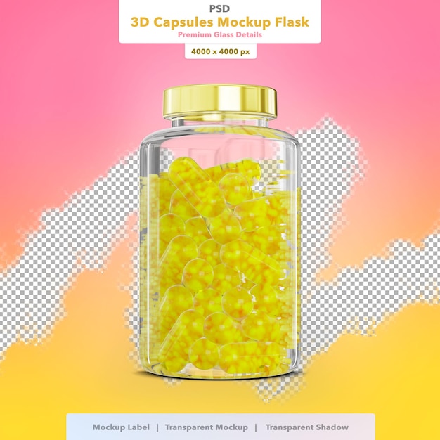 3D Yellow Capsules Mockup Flask