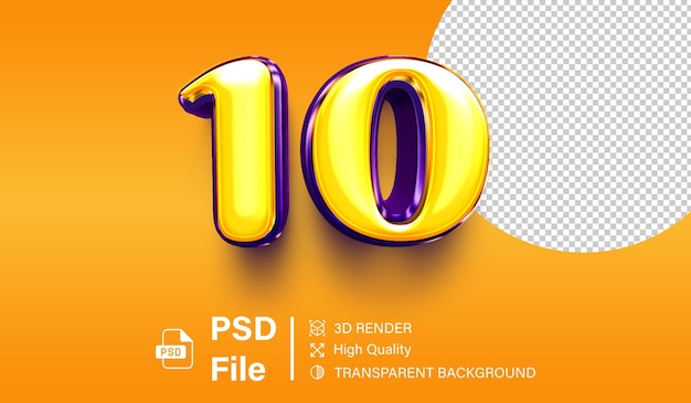 3d Zehn Nummer 10 Leuchtend gelbe und lila Farbe isoliert auf durchsichtigem Hintergrund