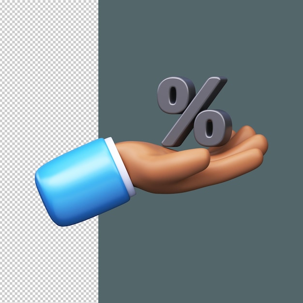 3D-Zeichentrickfilm, der die Hand hält, Prozentsatzsymbol