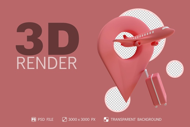 3D-Zeitreisedesign mit isoliertem Hintergrund für Flugzeug, Koffer und Pin
