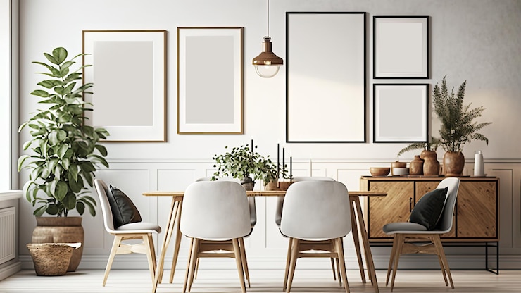 PSD 3d-zusammensetzung des esszimmer-innenmodells mit holztisch, stühlen, blumentöpfen und bildplatzhalterrahmen, die an der wand hängen