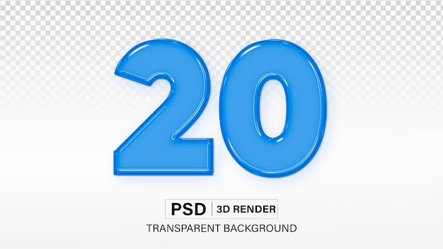 3d Zwanzig Nummer 20 Blaues Glas-Effekt isoliert auf durchsichtigem Hintergrund