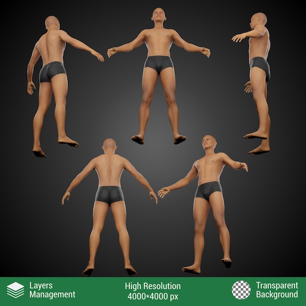 PSD 3drenderingrealistischemenschenmännlicheperspektiveverschiedeneansicht von unten