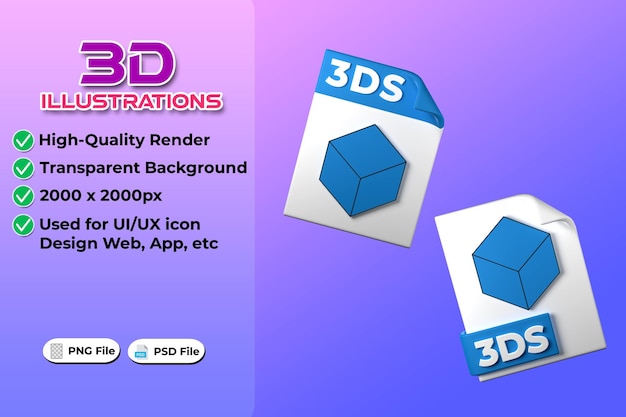 3ds file type renderização 3d em fundo transparente ui ux design de ícones web e tendência de aplicativos