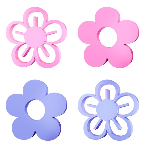 4 Blumen 3D-Blumen-Ikonen süße Pastellblumen-Illustration ui Blumen-Sammlung