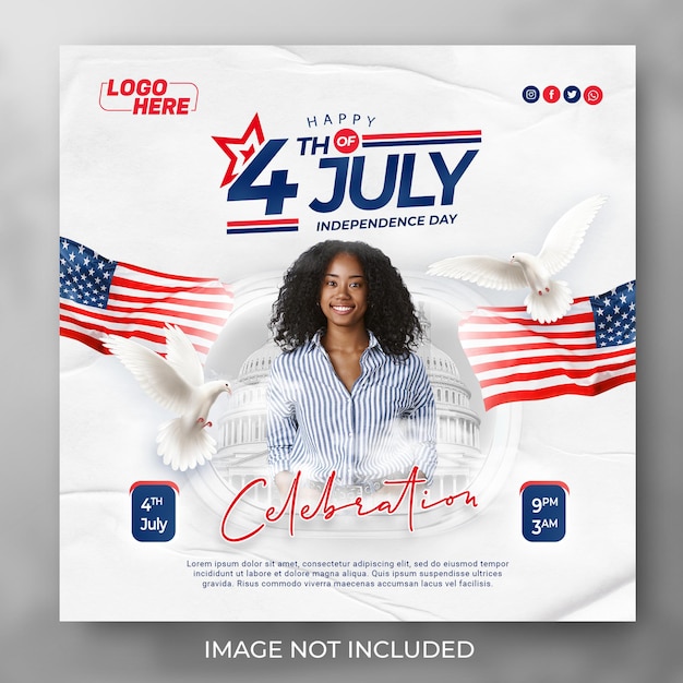 PSD 4 juillet fête de l'indépendance avec les médias sociaux du drapeau américain ou la publication instagram