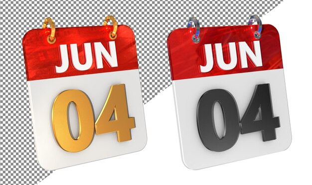 4 juin Date Icon 3D isolé Amplifié en or Rendering 3D brillant