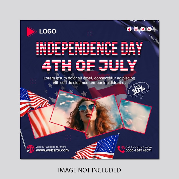 4 de julio día de la independencia de los estados unidos con bandera americana en instagram y diseño de publicación de facebook