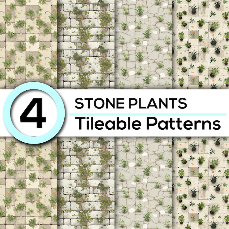 PSD 4 patrones de plantas de piedra natural con diseños realistas y versátiles para fondos