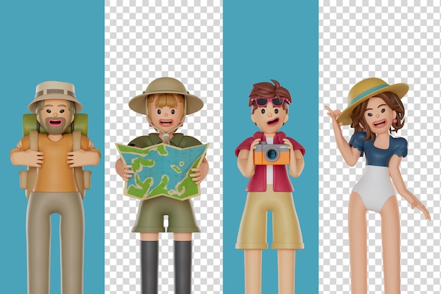 Les 4 touristes sont allés faire du trekking et de la mer 3D Render illustration