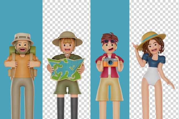 Les 4 Touristes Sont Allés Faire Du Trekking Et De La Mer 3d Render Illustration