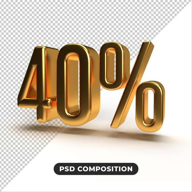 40 3D-Rendering 40 Prozent Rabatt Gold isolierter weißer Hintergrund