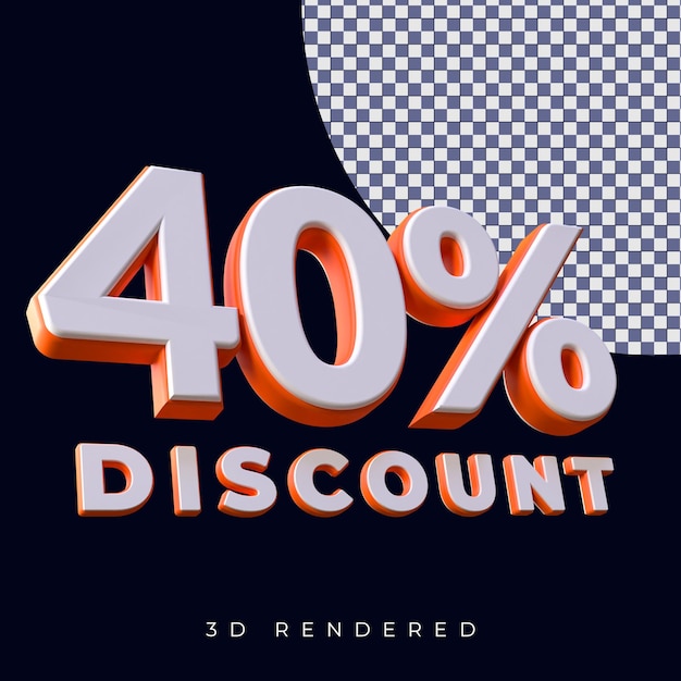 40 por ciento de descuento en texto de renderizado 3D con combinación de colores naranja y blanco en fondo alfa