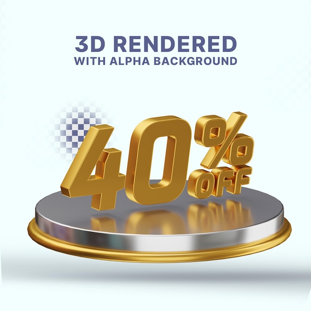 40% de desconto em texto de renderização 3d isolado metal dourado com fundo alfa