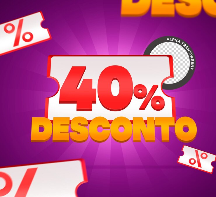 PSD 40% de desconto no selo vetorial com letras laranja de número vermelho de efeito 3d e bilhete branco
