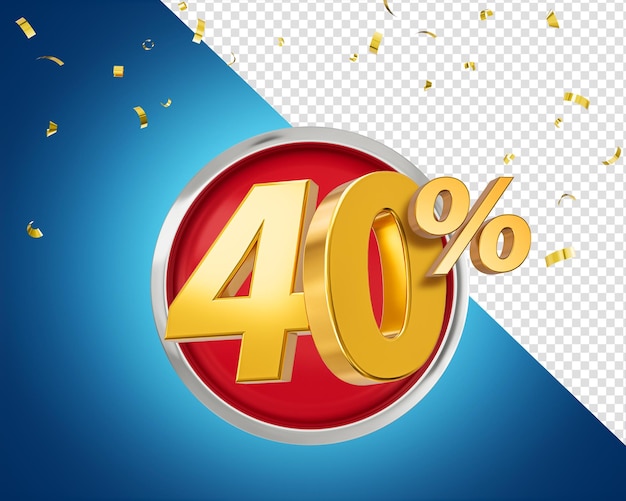 40 pour cent de réduction sur le symbole de vente d'or 3d de remise avec bannière de vente de confettis et illustration 3d d'affiche