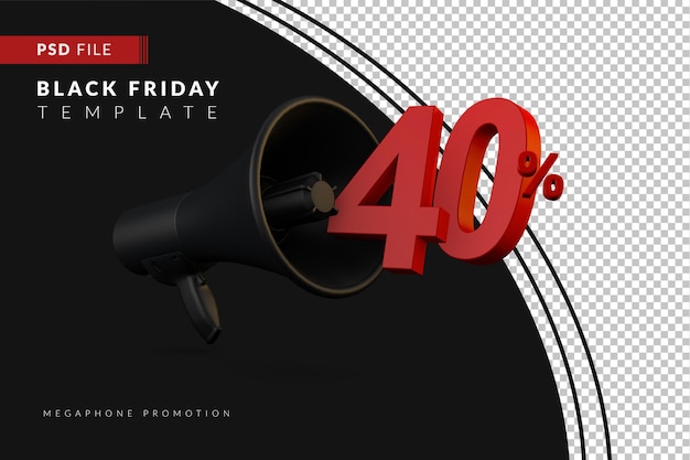 40 prozent rabatt auf ein schwarzes megaphon auf ein 3d-sale-konzept für den black friday
