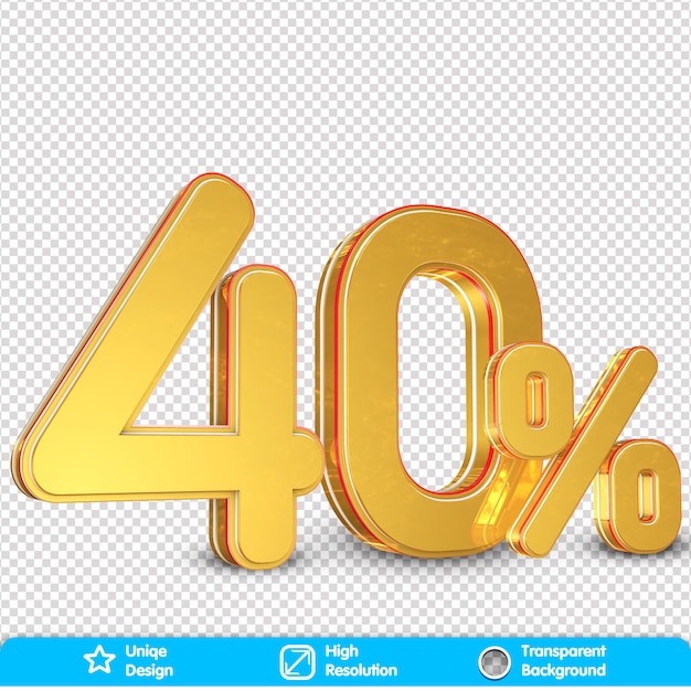 40 Rabatt im Angebot. Goldprozentsatz lokalisiert auf PNG-Hintergrund. 3D-Rendering. Illustration für Werbung