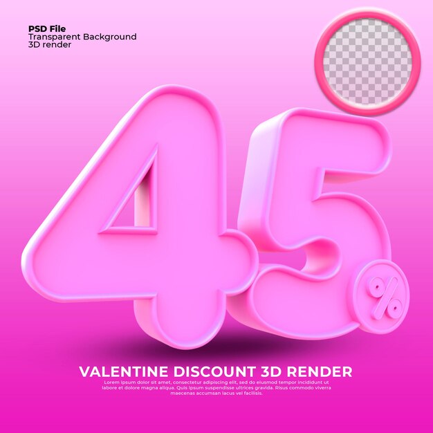 PSD 45 porcentaje de venta del día de san valentín 3d render color rosa