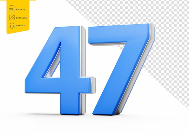 47 Blaue Ziffer 47 Zahl mit schlankem metallischem Glanz auf weißem Hintergrund 3D-Illustration