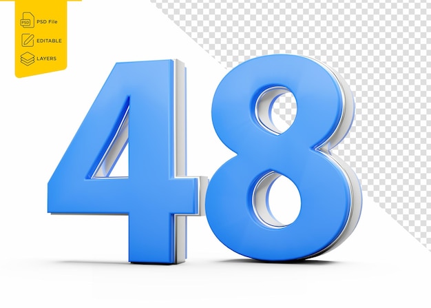 48 dígito azul número cuarenta y ocho con brillo metálico elegante en fondo blanco Ilustración 3d